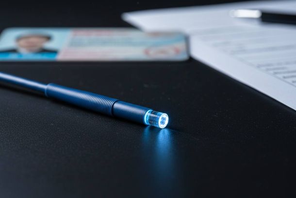 A blue pen with a glowing tip rests on a dark surface beside a blurred ID card and documents.