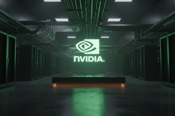 A dark server room with glowing green NVIDIA logo and rows of server racks under industrial pipes.