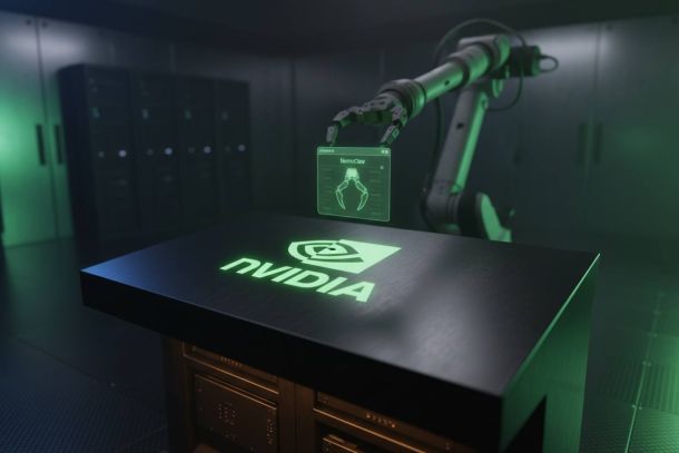 A robotic arm hovers over a glowing NVIDIA logo on a server console, with a green holographic interface displaying "NemoClaw" in a dimly lit data center.