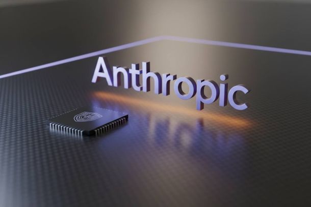 The word "Anthropic" in 3D letters beside a black microchip on a textured surface with purple lighting.